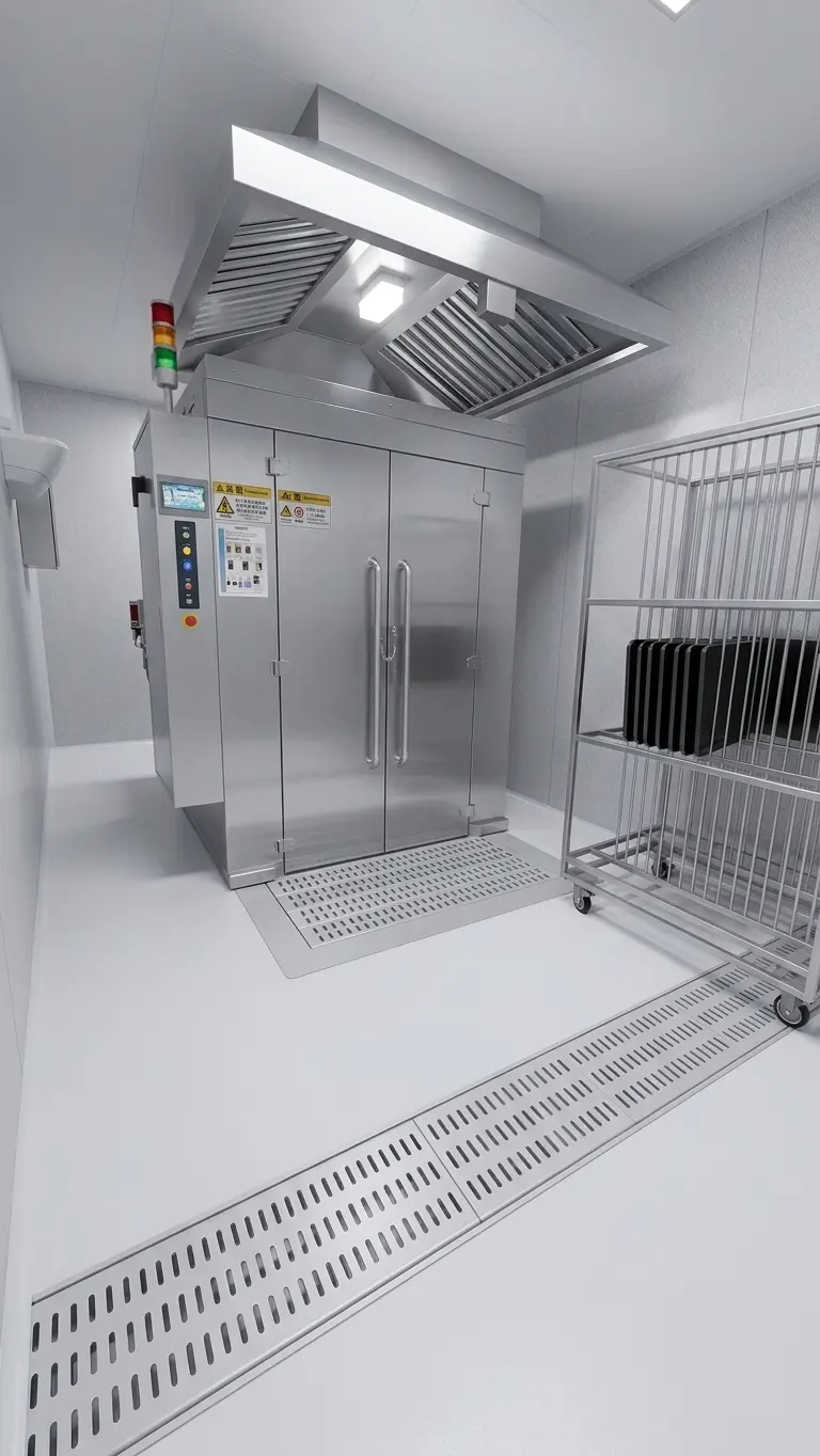 Pit installation — PTW-1900 chamber floor flush with kitchen floor, trolley rolls in level on its own wheels