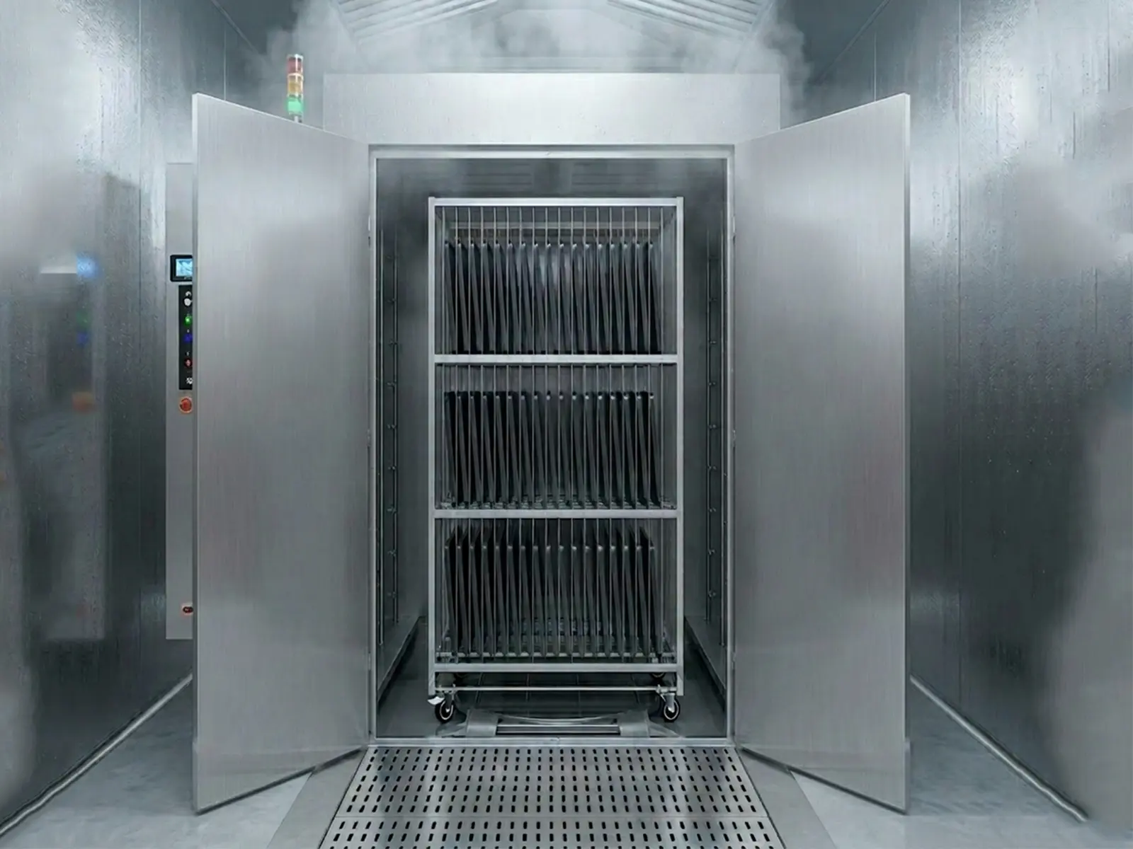 PTW-1900 chamber loaded with bakery rack trolley — 45 trays per cycle in 6 minutes